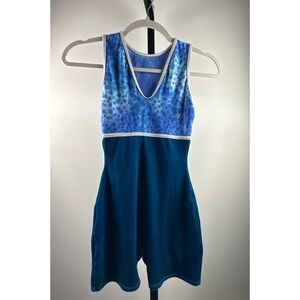 GK Elite Gymnastics Biketard Girls CM Blue Velvet Ombre Silver Trim Excellent